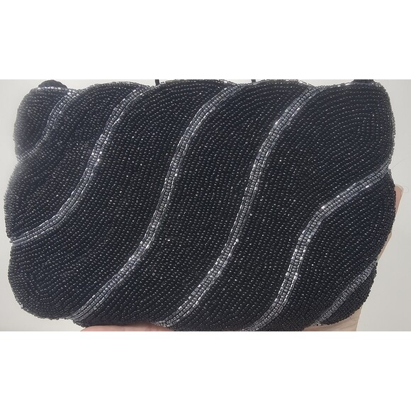 Vintage Hand Beaded Silver Black Linear Design Shoulder Crossbody Evening Bag - Picture 2 of 14
